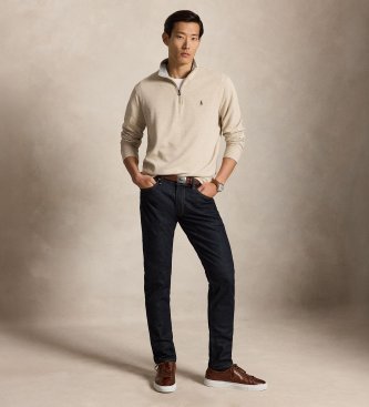 Polo Ralph Lauren Pull en maille ultra-douce avec fermeture éclair beige