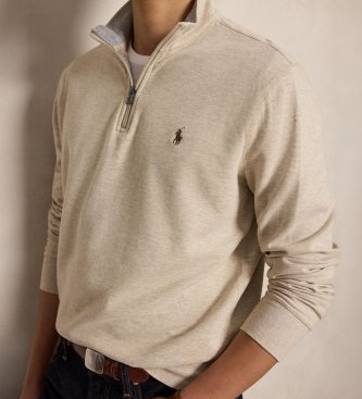 Polo Ralph Lauren Pull en maille ultra-douce avec fermeture éclair beige