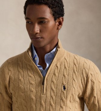 Polo Ralph Lauren Pull en maille beige avec fermeture éclair