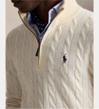 Polo Ralph Lauren Beli krem pleteni pulover v osmicah z zadrgo