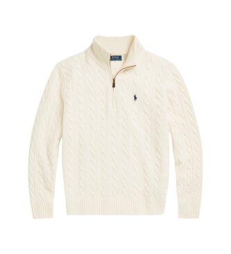 Polo Ralph Lauren Beli krem pleteni pulover v osmicah z zadrgo