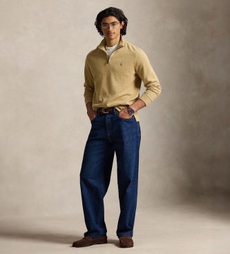 Polo Ralph Lauren Beiger ?Estate-Rib?-Pullover mit kurzem Reißverschluss