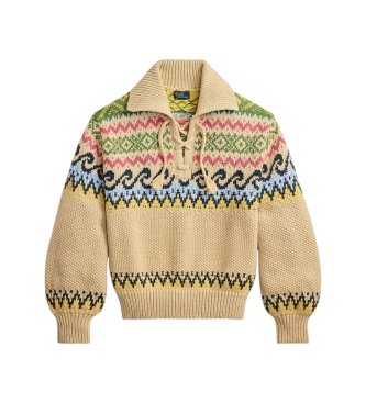 Polo Ralph Lauren Čipkasti pulover Fair Isle Lace-Up v bež barvi