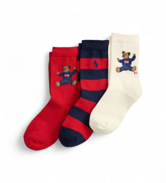 Polo Ralph Lauren Set 3 pares de calcetines con Polo Bear rojo, beige