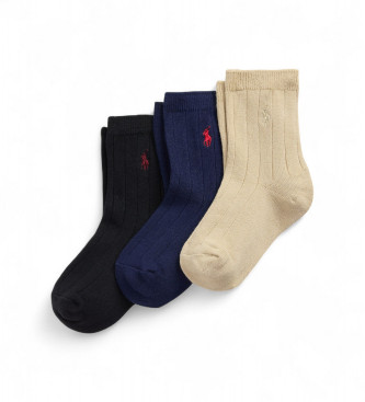 Polo Ralph Lauren Komplet 3 parov rebrastih nogavic črne, mornarske in bež barve