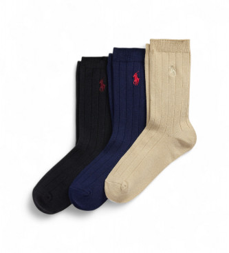 Polo Ralph Lauren Komplet 3 parov rebrastih nogavic črne, mornarske in bež barve