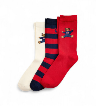 Polo Ralph Lauren Komplet 3 parov nogavic z medvedom Polo rdeče, bele barve