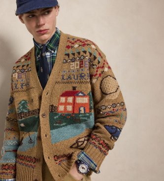 Polo Ralph Lauren Brun kofta i ull med mönster, Relaxed Fit