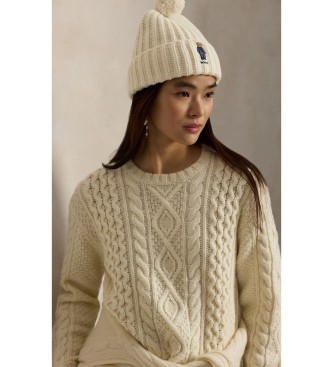 Polo Ralph Lauren Ribbed beanie with Polo Bear and cream white pom-pom