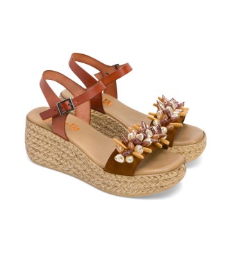 Porronet Gemma brown leather sandals -Height 6cm wedge