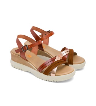 porronet Ela brown leather sandals -Height 5cm wedge