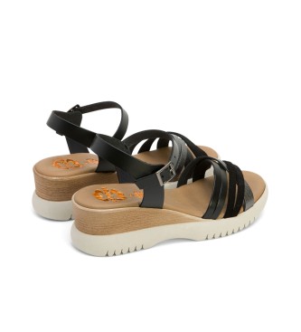 porronet Leather Sandals Ela black -Height wedge 5cm