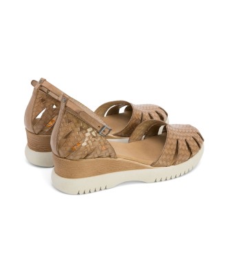 porronet Edna taupe leather sandals -Height 5cm wedge
