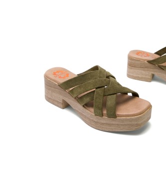 porronet Vicky Khaki Leather Low Heel Sandal -Altura do salto: 6cm