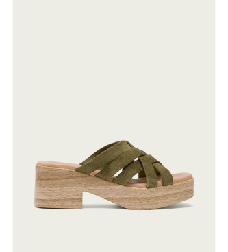 porronet Vicky Khaki Leder Sandale mit niedrigem Absatz -Absatzhhe: 6cm