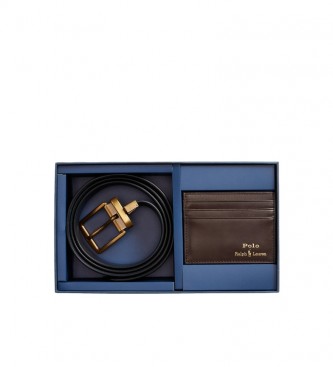 Polo Ralph Lauren Ensemble ceinture et porte-cartes en cuir brun