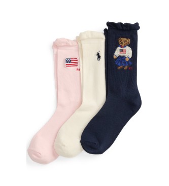 Polo Ralph Lauren S�t med 3 par Polo Bear-str�mper pink, hvid, navy
