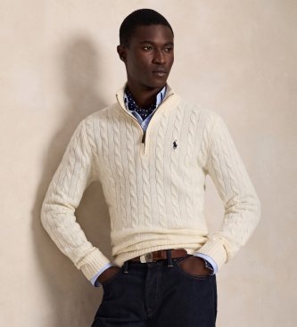 Polo Ralph Lauren Beli krem pleteni pulover v osmicah z zadrgo