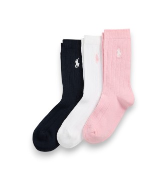 Polo Ralph Lauren Set di 3 paia di calzini a coste nei colori blu navy, bianco e rosa