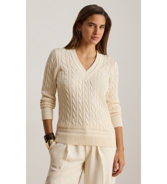 Lauren Ralph Lauren Beżowy sweter krykietowy z dzianiny w ósemki