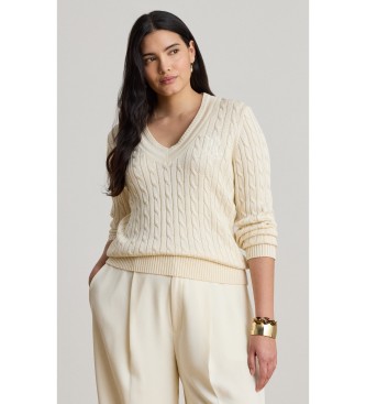 Lauren Ralph Lauren Beżowy sweter krykietowy z dzianiny w ósemki
