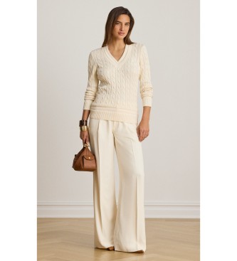 Lauren Ralph Lauren Beżowy sweter krykietowy z dzianiny w ósemki