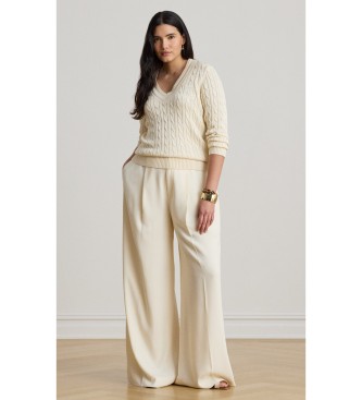 Lauren Ralph Lauren Beżowy sweter krykietowy z dzianiny w ósemki
