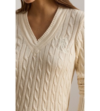Lauren Ralph Lauren Beżowy sweter krykietowy z dzianiny w ósemki