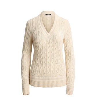 Lauren Ralph Lauren Beżowy sweter krykietowy z dzianiny w ósemki
