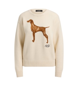 Lauren Ralph Lauren Sweter bawełniany z białokremowym psem intarsyjnym