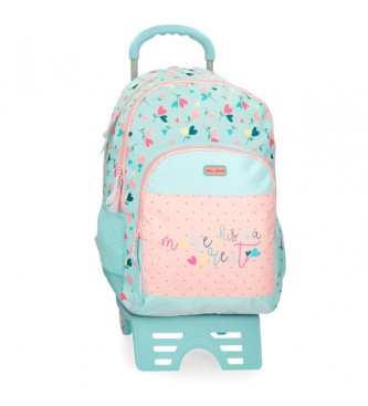 Roll Road Queen of hearts Roll Road School Backpack Two compartments with trolley turquoise, pink