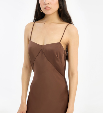 Rotate Brązowa satynowa sukienka maxi