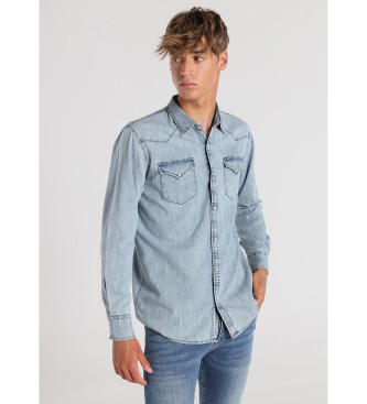 Six Valves Camisa Tejana manga larga doble lavado stone azul