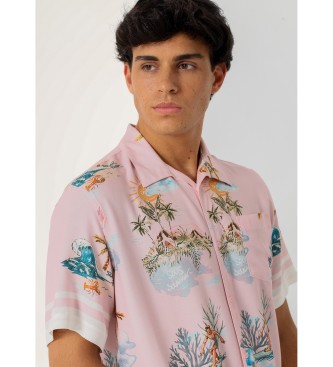 Six Valves Camisa de manga curta com polo rosa com estampado de praia