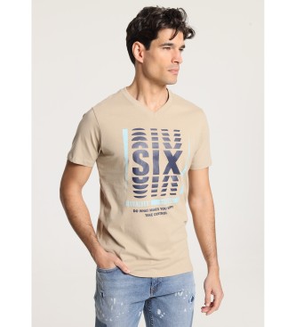 Six Valves Camiseta de manga corta con cuello pico marrn claro