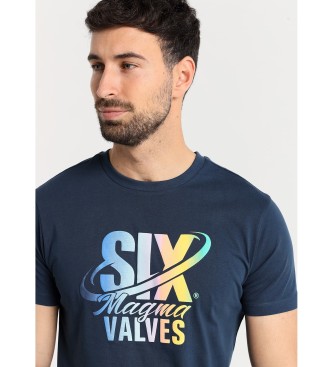 Six Valves T-shirt met opdruk in marineblauw met kleurverloop en korte mouwen