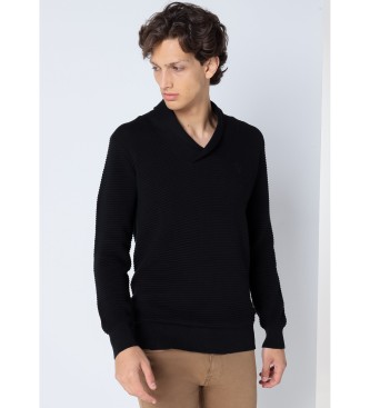 Six Valves Schwarzer Basic-Pullover mit berkreuztem Ausschnitt