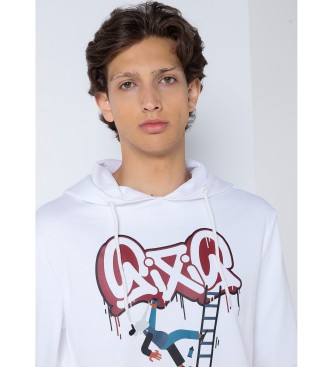Six Valves Sweatshirt med knguruluva och huva vitt abstrakt tryck