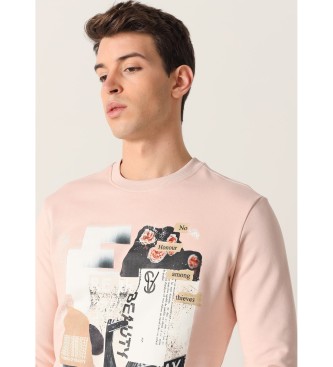 Six Valves Sweater met streetartprint en roze boxkraag