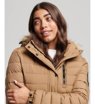 Superdry Fuji mid-length brown quilted hooded coat with brown hood 
