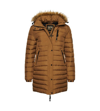 Superdry Fuji mid-length brown quilted hooded coat with brown hood 