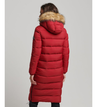 Superdry Quilted coat with hood and red synthetic fur trim