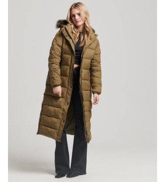 Superdry Quilted coat with hood and green faux fur trim