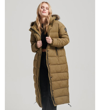 Superdry Quilted coat with hood and green faux fur trim