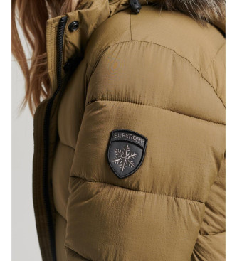 Superdry Quilted coat with hood and green faux fur trim