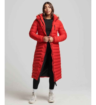 Superdry Long quilted hooded coat Fuji red