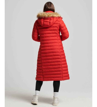 Superdry Long quilted hooded coat Fuji red