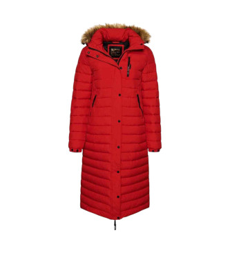 Superdry Long quilted hooded coat Fuji red