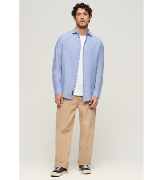 Superdry Camisa de manga larga de lino informal azul