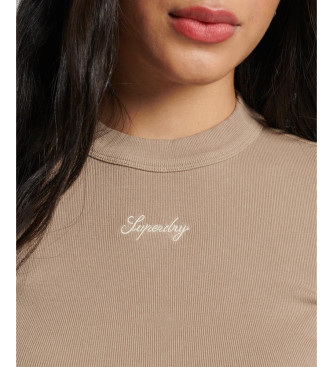 Superdry Beige long sleeve embroidered ribbed short sleeve T-shirt